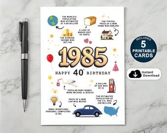 Tarjeta de 40 cumpleaños, nacida en 1985, imprimible. Regalo de 40 cumpleaños para papá, mamá, hermana o hermano. Tarjeta con datos curiosos de 1985. Descarga instantánea.