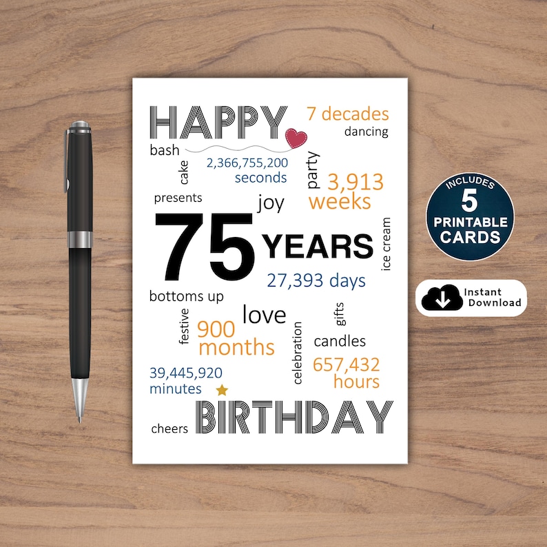 Celebrate a 75th birthday with our exclusive birthday card, available in five popular sizes. Instantly download and choose the perfect birthday card to send to your loved one, making their special day even more memorable.