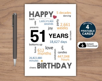 51st Birthday Card, Card For 51st Birthday, Printable 51st Birthday Card, Instant Download