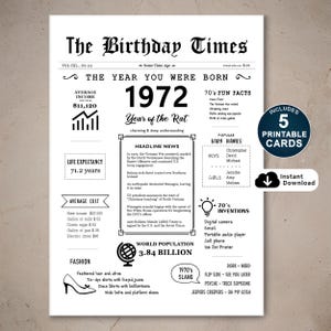 Cartão de aniversário de 53 anos para impressão, Cartão de aniversário de 53 anos para impressão, Nascido em 1972, presente para ele ou ela, DOWNLOAD INSTANTÂNEO