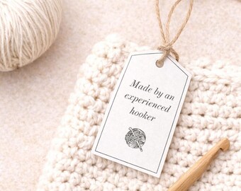Printable Crochet Tag | Made by an Experienced Hooker Tag | Funny Handmade Crochet Label | Black & White Minimal Tag | Instant Download
