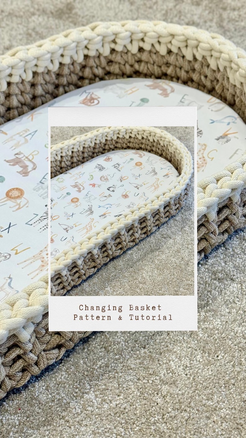 May include: A beige and white crocheted changing basket with a white fabric liner featuring a pattern of animals and letters. The text "Changing Basket Pattern & Tutorial" is printed on the image.