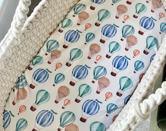 Hot Air Balloon Fitted Moses Basket Sheet, hot air balloon baby crib sheet, baby Moses basket, Moses basket fitted sheet, fitted crib sheet.