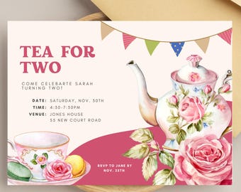 Té para dos, Dos para el té, Fiesta de cumpleaños, Invitación para niña pequeña, Invitación, Evite, Descarga digital, Canva, Diseño de fiesta de té, Fiesta rosa