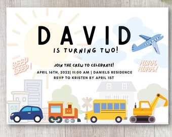 Cars, Trucks, Trains and Planes Birthday Invite, Toddler Boy Birthday Invite, Transportation Invitation