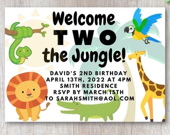 Welcome TWO the Jungle Birthday Party Invitation, Boy Birthday Party, Toddler Birthday, Zoo Birthday