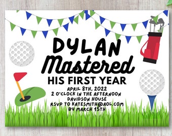 Invitación a la fiesta de cumpleaños de Masters, invitación de cumpleaños para niños, fiesta de cumpleaños de golf, fiesta del PGA Tour, cumpleaños de Masters
