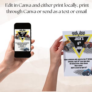 May include: A birthday invitation design featuring monster trucks, the text "Jack's 6th Jam", and event details. The invitation is shown on a smartphone and a printed card, held by hands.