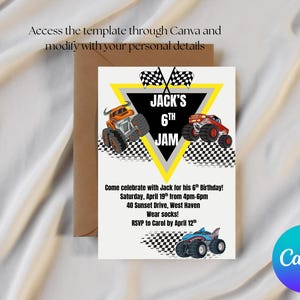 May include: A birthday invitation featuring monster trucks and the text "JACK'S 6TH JAM." The invitation includes details for a birthday party, such as the date, time, and location. The Canva logo is visible in the bottom right corner.