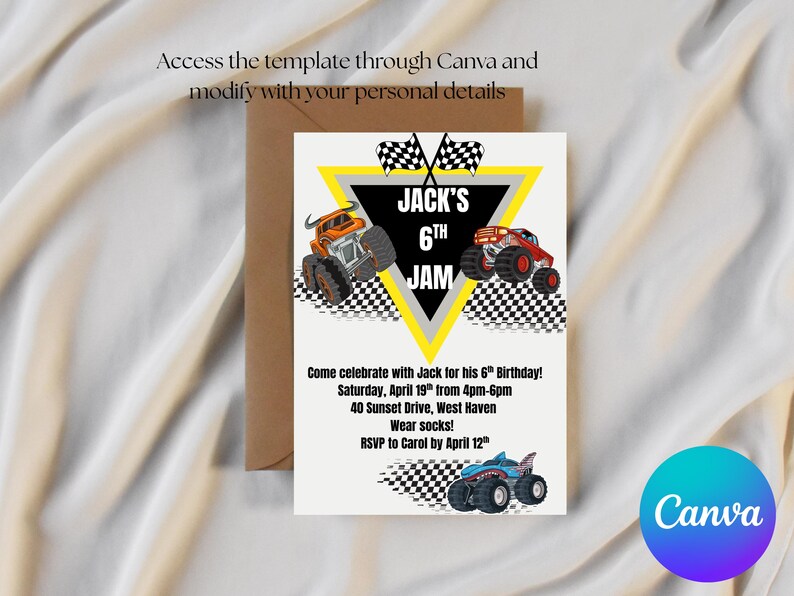 May include: A birthday invitation featuring monster trucks and the text "JACK'S 6TH JAM." The invitation includes details for a birthday party, such as the date, time, and location. The Canva logo is visible in the bottom right corner.