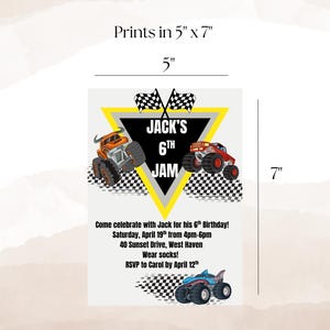 May include: A 5" x 7" invitation for Jack's 6th birthday, featuring monster truck illustrations and the text "JACK'S 6TH JAM." The invitation includes event details and RSVP information.