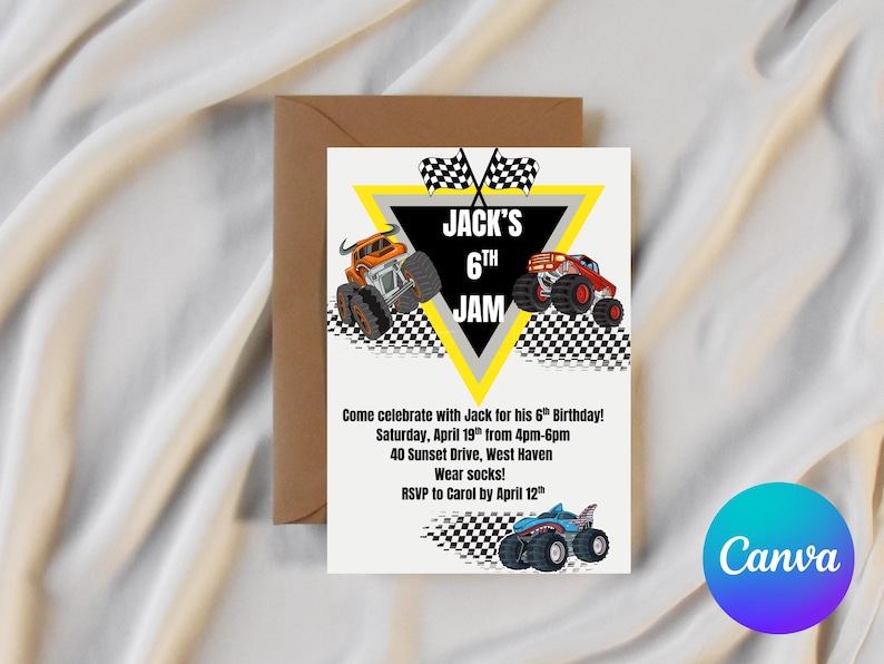May include: A birthday invitation featuring monster trucks and the text "JACK'S 6TH JAM". The invitation includes event details: Saturday, April 19th, 4pm-6pm, 40 Sunset Drive, West Haven. The invitation is on a white background with a brown envelope.