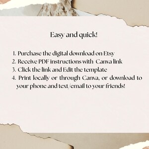 May include: A light beige paper with the text "Easy and quick!" and instructions for a digital download. The steps include purchasing on Etsy, receiving instructions, editing the template, and printing or downloading.