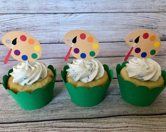 Paint Party Cupcake Toppers, Art Party Cupcake Toppers, Birthday Cupcake Toppers Set of 12