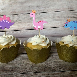 Girl Dinosaur Cupcake Toppers Birthday, Dinosaur Princess Cupcake Toppers Set of 12