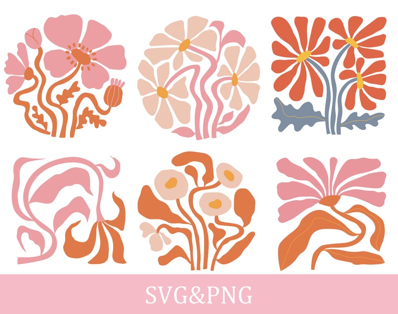May include: Six digital illustrations of stylized flowers in pink, orange, and red. The flowers are arranged in a grid pattern. The illustrations are in a modern, minimalist style.