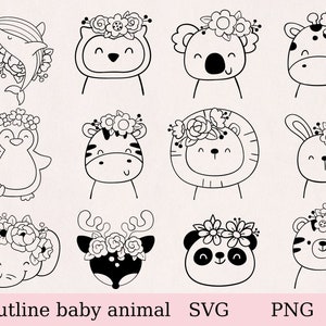 Baby animal svg, floral animal svg, baby jungle animal svg, animal bundle, outline animal, safari animal, instant download, cricut, cut file