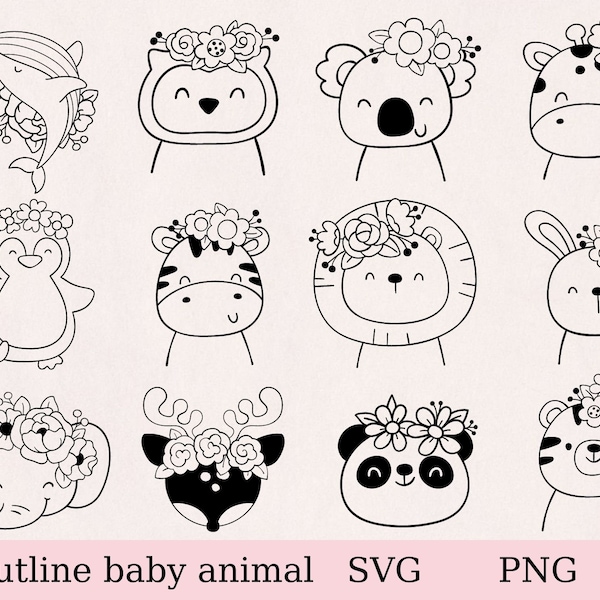 Baby animal svg, floral animal svg, baby jungle animal svg, animal bundle, outline animal, safari animal, instant download, cricut, cut file