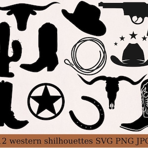 Bundle svg cowboy, clipart cowboy, chapeau de cowboy svg, bottes de cowboy svg, svg tête de mort de vache, fer à cheval svg, svg western, svg de cow-boy western, fichier coupé