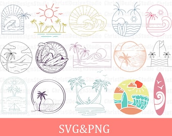 May include: Set of 12 black and white line art illustrations of beach scenes. Each illustration features a circle with a beach scene inside, such as palm trees, waves, and a sun. The illustrations are perfect for creating beach-themed crafts, invitations, or decorations.
