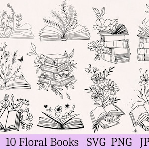 Libro floral SVG, libro con flores SVG, libro SVG, flores SVG, amantes de los libros SVG, arte lineal SVG, contorno de flor, archivo de corte de flor, clipart floral