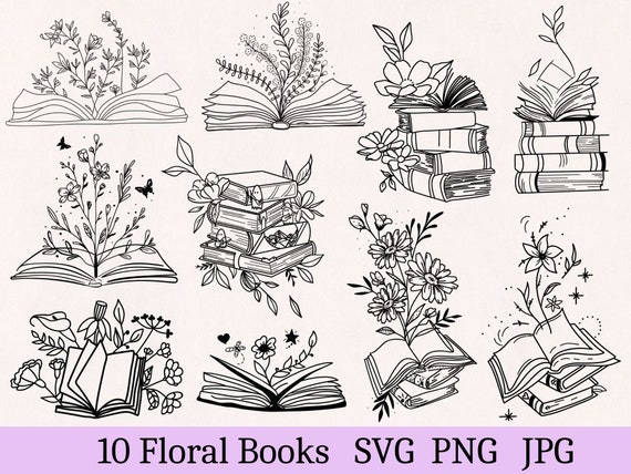 Floral book svg, book with flower svg, book svg, flower svg, book lovers svg, line art svg, flower outline, flower cut file, floral clipart
