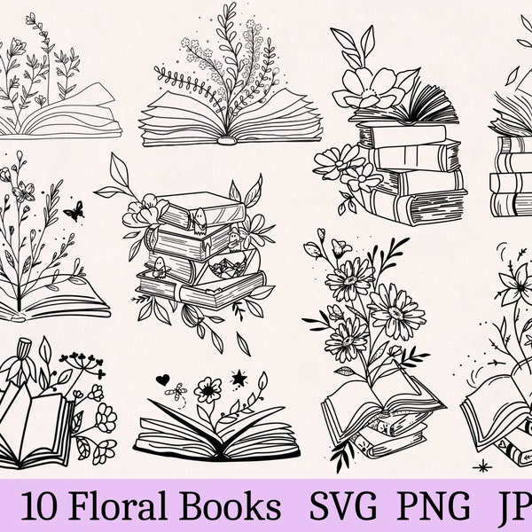 Floral book svg, book with flower svg, book svg, flower svg, book lovers svg, line art svg, flower outline, flower cut file, floral clipart