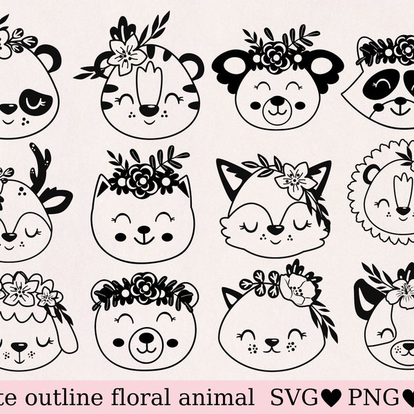 Cute baby animal svg, outline animal svg, floral animal svg, jungle animal svg, animal png, instant download, animal for cricut, cut file