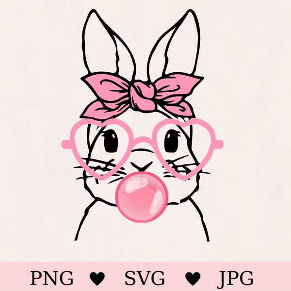 Cute bunny svg, bubblegum bunny, bunny face svg, easter bunny svg, rabbit png, bandana svg, instant download, silhouette, cricut, cut file