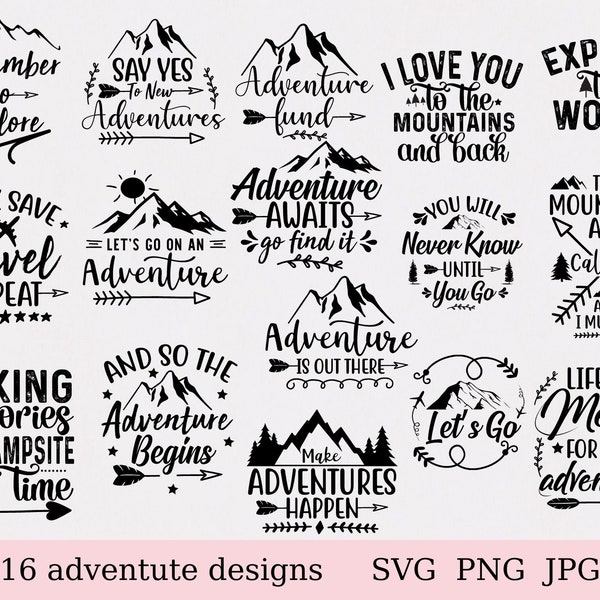 Ensemble aventure svg, dicton aventure, montagne svg, ensemble montagne, arbre svg, svg aventure, téléchargement immédiat, cricut, fichier coupé aventure