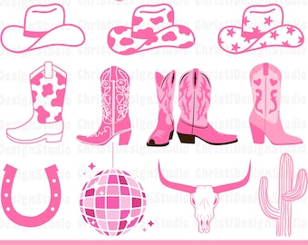 Cowgirl Svg Bundle, Cowgirl Boots Svg, Cowgirl Hat Svg, Let&#39;s Go Girls Svg, Disco Cowgirl Svg, Cow Skull Svg, Western Svg, Horshshoe Svg Png