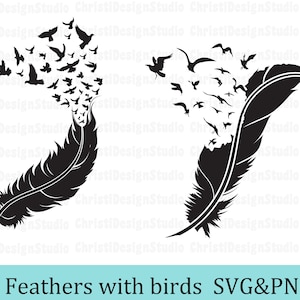Veer met vliegende vogels Svg, Feather Svg Png, zwerm vogels Clipart, Bird Svg, Feather to Birds Svg, Feather Cut File, Cricut, Silhouet