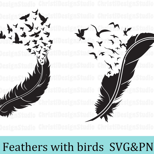 Feather With Flying Birds Svg, Feather Svg Png, Flock Of Birds Clipart, Bird Svg, Feather To Birds Svg, Feather Cut File, Cricut, Silhouette