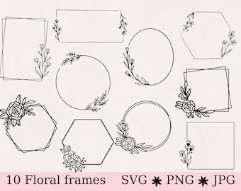 May include: Set of 10 black and white floral frames with different shapes, including circles, squares, and hexagons. The frames are decorated with simple floral designs.