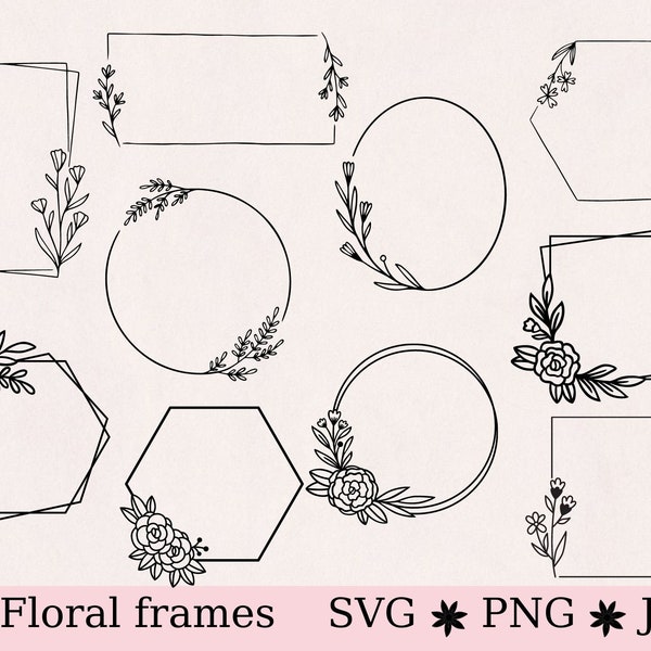 Floral frame svg, floral frame bundle svg, square frame svg, flower svg, geometric frame svg, cut file svg, cricut, instant download