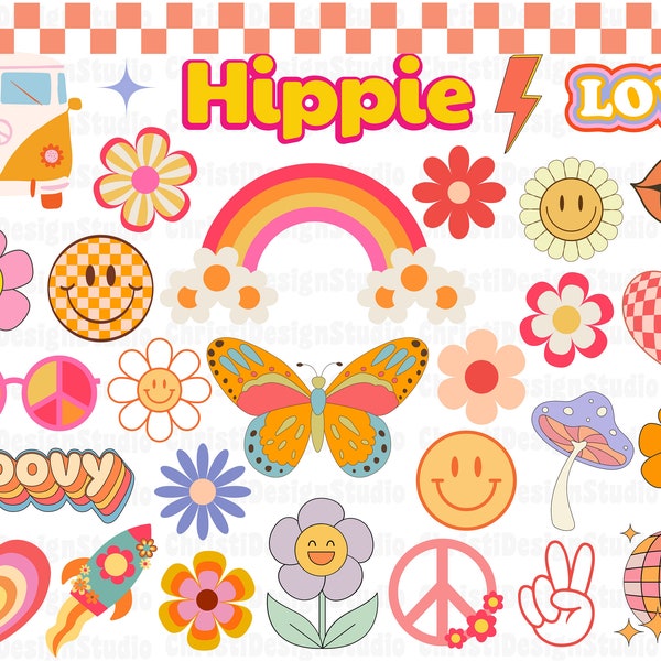 Boho Hippie Svg, Groovy Svg, Retro Svg, Boho Hippie Clipart, Flor Retro Svg, Archivo de Corte Retro, Margarita Retro, Boho Flor Svg, Flor Svg