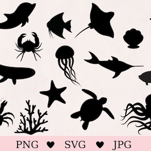 Zeedieren svg, oceaanleven svg, Oceaan bundel, zeeschelp svg, zeeschildpad svg, strand svg, Golf, instant download, cricut, silhouet, gesneden bestand