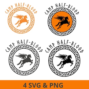 May include: Four Camp Half-Blood logo designs featuring a winged horse within a circular frame. The logos are in orange, black, and gray, with the text "CAMP HALF-BLOOD" around the edge. The bottom of the image reads "4 SVG & PNG".