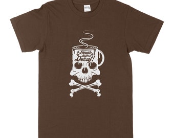 Tod vor entkoffeiniertem T-Shirt Kaffee-Keks-Kaffeetrinker-Schädel-kühlen Geschenk-Frauen-Männer witziges Grafik-Hemd für Männer Frauen Unisex Geschenk vorhanden