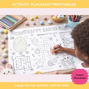 May include: A large format activity mat for kids with Easter-themed illustrations and games, including a word search, maze, and crossword puzzle. The mat features the text "HAPPY EASTER" and is designed for coloring with crayons or markers. The image also shows colored pencils and Easter eggs.