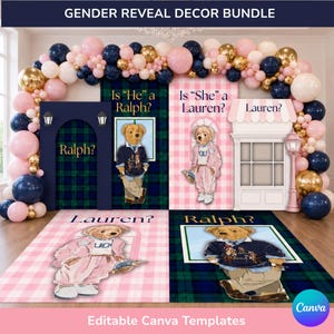 Gender Reveal Decor Bundle, Ralph or Lauren Plaid Teddy Bear Party Templates