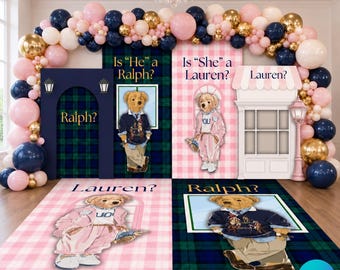 Gender Reveal Decor Bundle, Ralph or Lauren Plaid Teddy Bear Party Templates