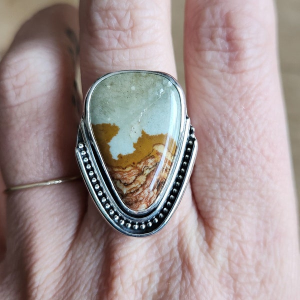 Rocky Butte Jasper Statement Ring- size 8 1/4- made using .925 sterling silver and a self collected, hand cut stone