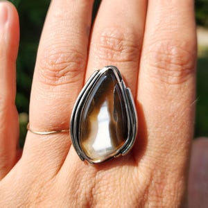 Black Agate & Opal Sterling Silver Ring - Hand Cut Stone, Size 7.5