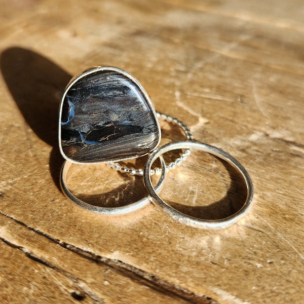 Black Petrified Wood Stacking ring set- size 8 1/2-9- made using .925 sterling silver and a self collected, hand cut stone