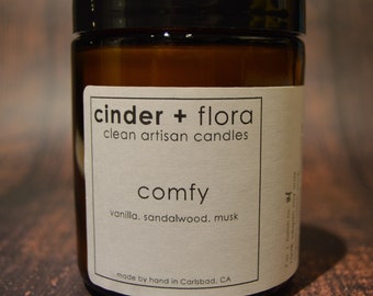 comfy: sandalwood vanilla soy candle in amber glass jar * clean, vegan, non-toxic, lead-free, mild scent *