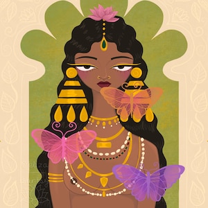 May include: Digital illustration of a woman with dark skin, long black hair, and gold jewellery. She wears a pink lotus flower in her hair and has three translucent butterflies near her. The background is a light green archway with a beige floral design.