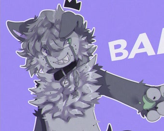 May include: A gray furry creature with a crown on its head, wearing a necklace and a collar, is pointing with its paw towards the viewer. The creature has a fierce expression and the word "BAM!" is written in white letters on a purple background.