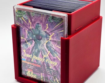 May include: Red card storage box with a clear plastic sleeve displaying a Dragon Ball Super card featuring Frieza. The card has the text "Last Resort Frieza" and "15000".