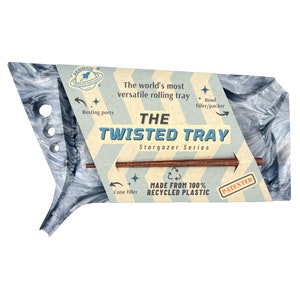 May include: A gray and white marbled rolling tray with the text "The Twisted Tray Stargazer Series" and "Made from 100% Recycled Plastic". The tray has a built-in cone filler, bowl filler/packer, and resting ports.